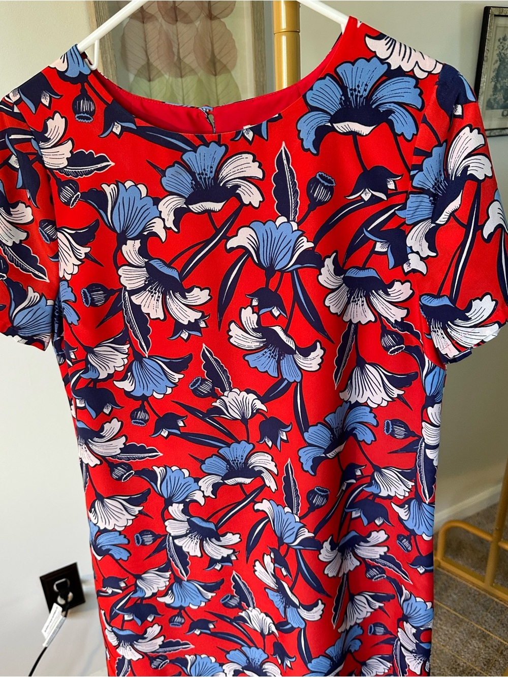 Women's J Crew Bright Red Floral Shift Dress with Blue & White Blooms - Size 10